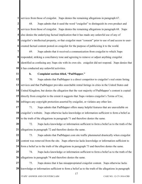 3TAPS, INC.'S ANSWER AND COUNTERCLAIM Case No. CV-12 ...