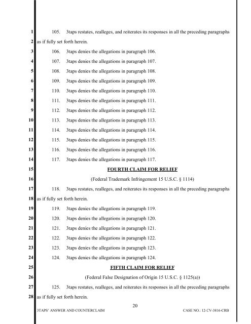 3TAPS, INC.'S ANSWER AND COUNTERCLAIM Case No. CV-12 ...