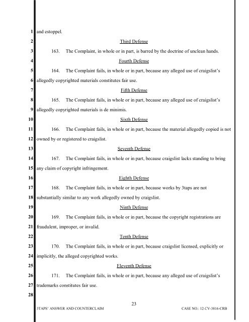 3TAPS, INC.'S ANSWER AND COUNTERCLAIM Case No. CV-12 ...