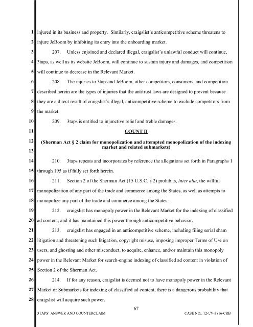 3TAPS, INC.'S ANSWER AND COUNTERCLAIM Case No. CV-12 ...