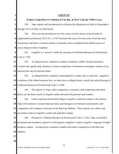 3TAPS, INC.'S ANSWER AND COUNTERCLAIM Case No. CV-12 ...