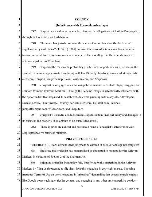 3TAPS, INC.'S ANSWER AND COUNTERCLAIM Case No. CV-12 ...