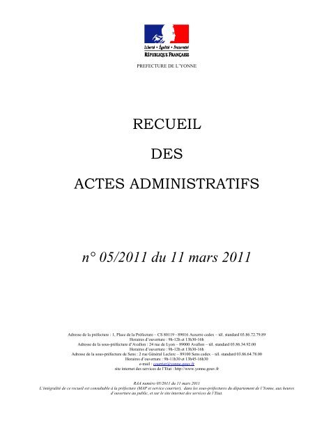 Recueil nÂ°5 du 11 mars 2011 - 0,32 Mb - PrÃ©fecture de l'Yonne