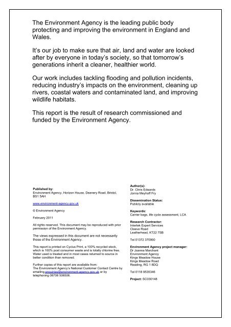 Life Cycle Assessment of Supermarket Carrier Bags - Save The ...