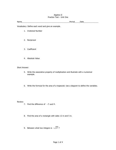 Algebra 2 Ch 1 Practice Test - Hanlon Math