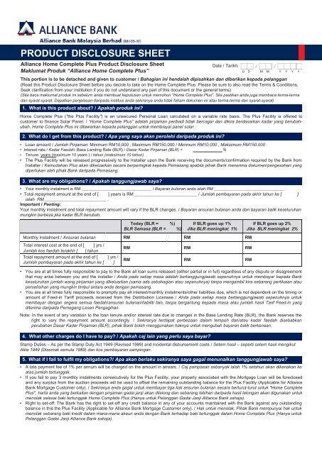 PRODUCT DISCLOSURE SHEET - Alliance Bank Malaysia Berhad