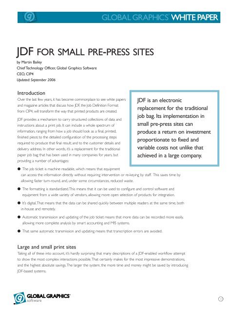 JDF for small pre-press sites - Global Graphics