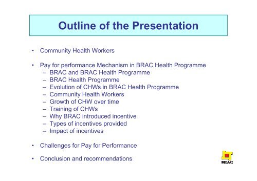 Pay for Performance of Community Health Workers (CHW) : BRAC's ...