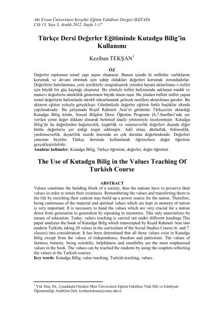 TÃ¼rkÃ§e Dersi DeÄerler EÄitiminde Kutadgu Bilig'in ... - KEFAD