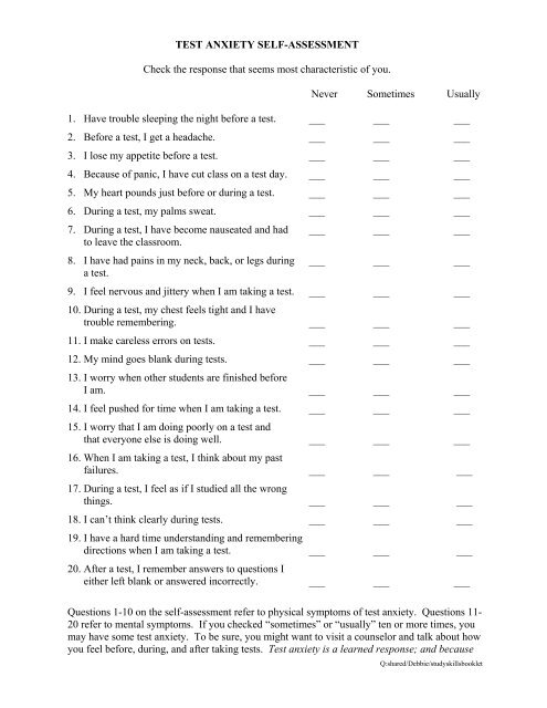 NHTI Learning Center Test Anxiety Self-Assessment