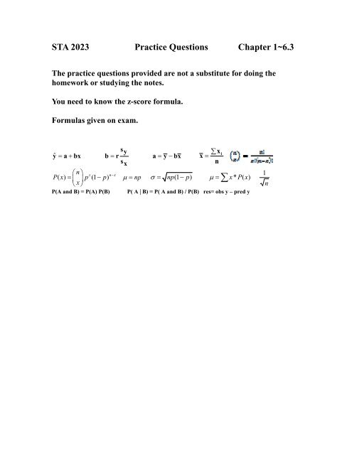 STA 2023 Practice Questions Chapter 1~6.3 - Department of ...