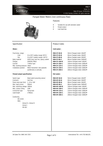 Flanged Water Meters (non-continuous flow) - Sontay