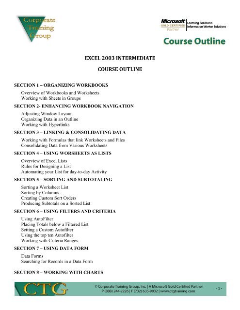 EXCEL 2003 INTERMEDIATE COURSE OUTLINE