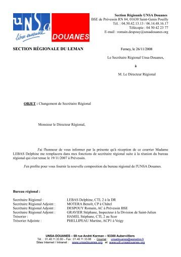 Lettre au DR : Changement de SecrÃ©taire RÃ©gional - UNSA Douanes