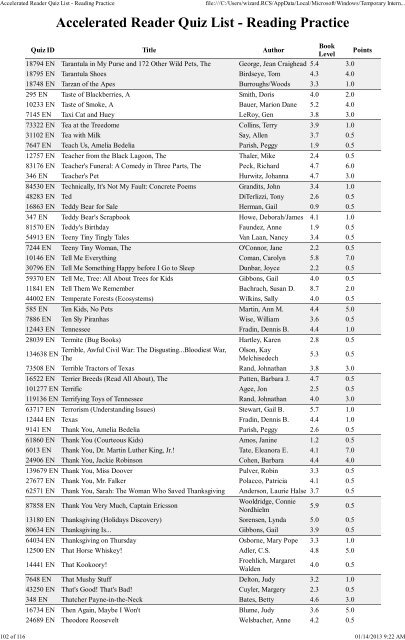 Accelerated Reader Quiz List - Reading Practice - Richmond ...