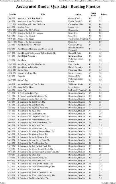 Accelerated Reader Quiz List - Reading Practice - Richmond ...