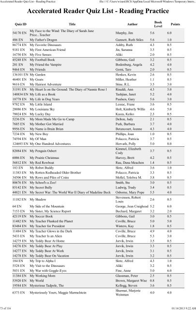 Accelerated Reader Quiz List - Reading Practice - Richmond ...