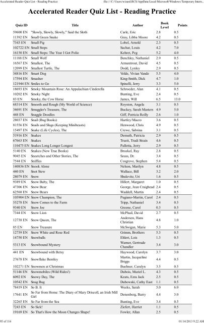 Accelerated Reader Quiz List - Reading Practice - Richmond ...