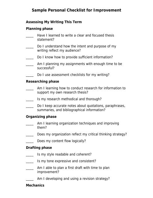 Sample Personal Checklist for Improvement