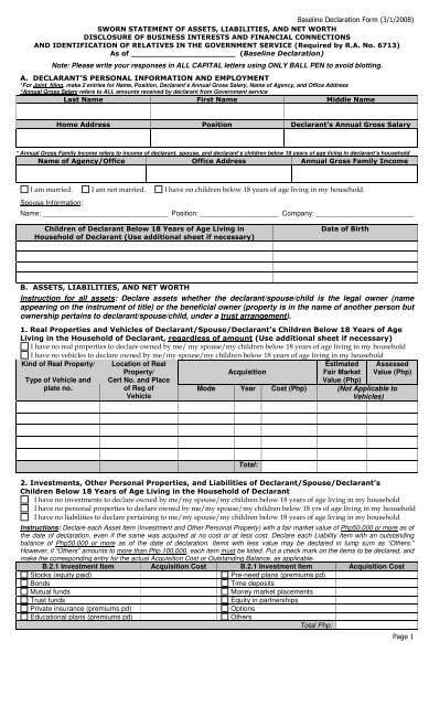 sworn statements of assets liabilities and net worth whats included on an income statement
