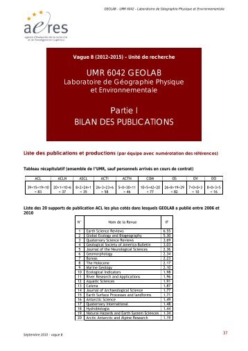 UMR 6042 GEOLAB Partie I BILAN DES PUBLICATIONS