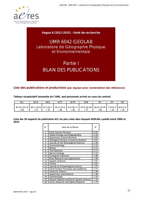 UMR 6042 GEOLAB Partie I BILAN DES PUBLICATIONS