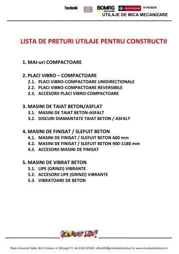 lista de preturi utilaje pentru constructii - Iftode Universal SNC