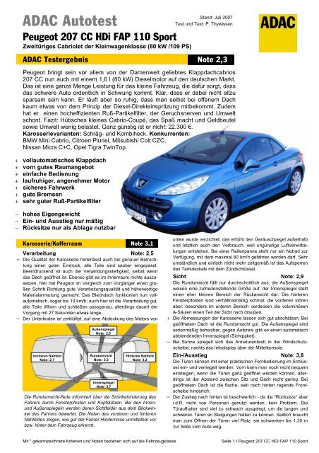 Umfassender Test Peugeot 207 CC HDi FAP 110 Sport - ADAC