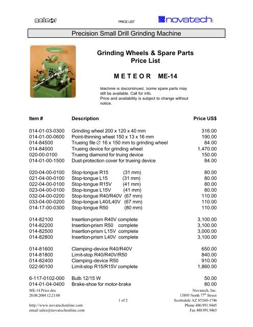 ME-14 Price list - Novatech Inc.