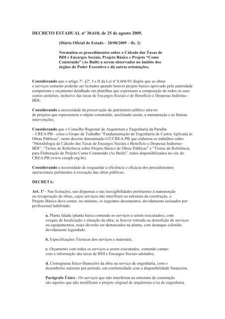 DECRETO ESTADUAL nÂº 30.610, de 25 de agosto 2009. - Sinduscon