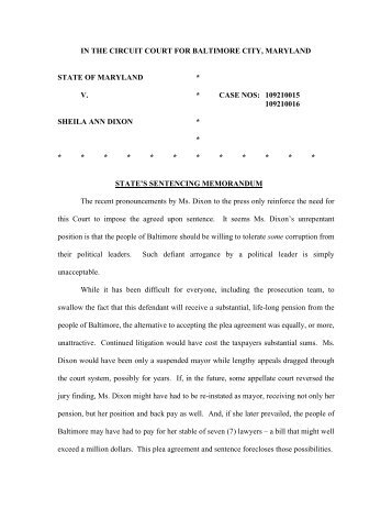 Sentencing Memorandum - the Circuit Court for Baltimore City