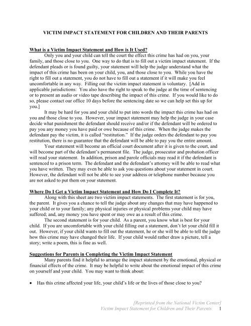 victim impact statement for children and their parents - Office of the ...