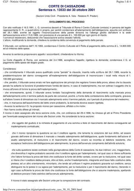 CORTE DI CASSAZIONE Sentenza n. 13533 del 30 ottobre 2001