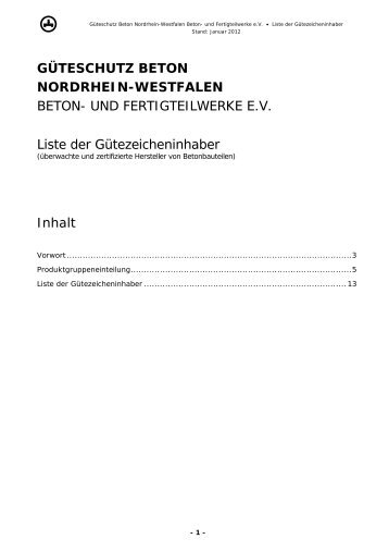 Bund Güteschutz Produktgruppen-Einteilung - Güteschutz Beton