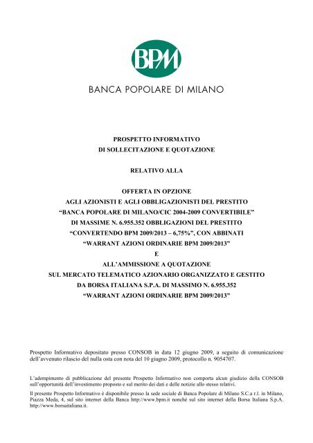 Banca Popolare di Milano &quot;Convertendo 2009/2013 6,75%&quot;