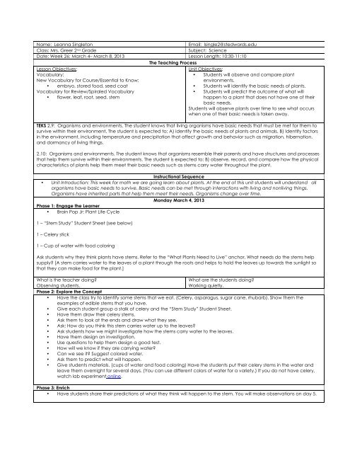 2nd Grade Science Lesson Plan Week 26 St Edwards University