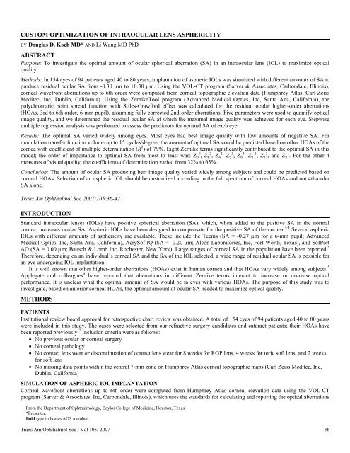 Customizing Selection Of IOL Asphericity Based On Pre-Existing ...