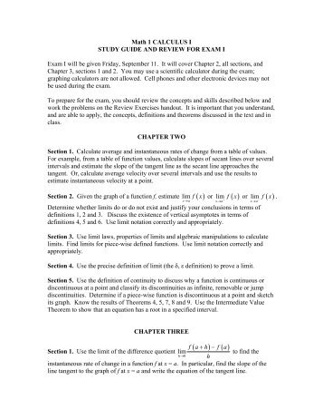 Math 1 CALCULUS I STUDY GUIDE AND REVIEW FOR EXAM I ...