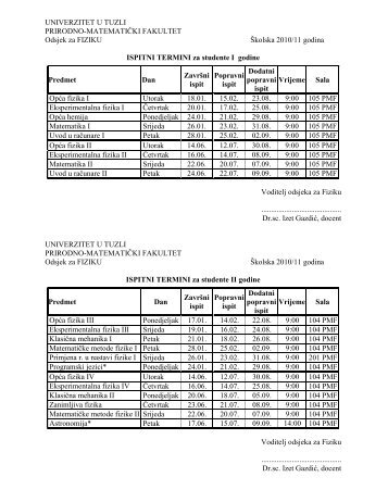 Preuzmite raspored ispita - PMF - Univerzitet u Tuzli