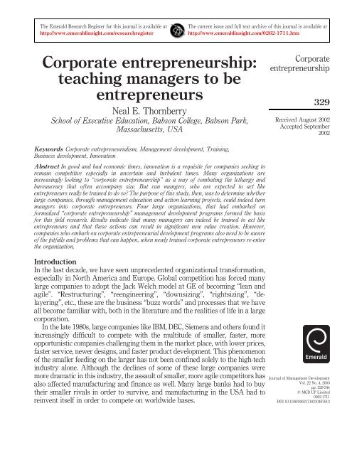 Corporate entrepreneurship: teaching managers to be entrepreneurs