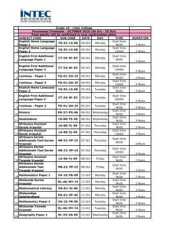 Provisional Intec Timetable High School Grade 10 ... - INTEC College