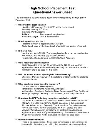 High School Placement Test Question/Answer Sheet