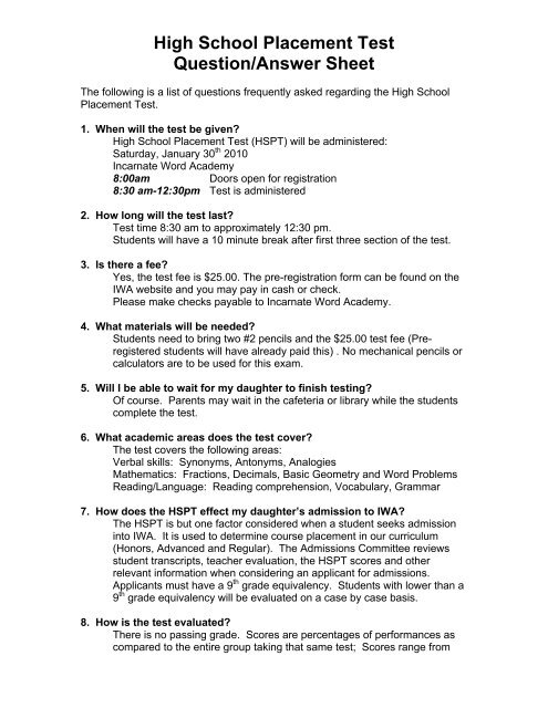 high-school-placement-test-question-answer-sheet