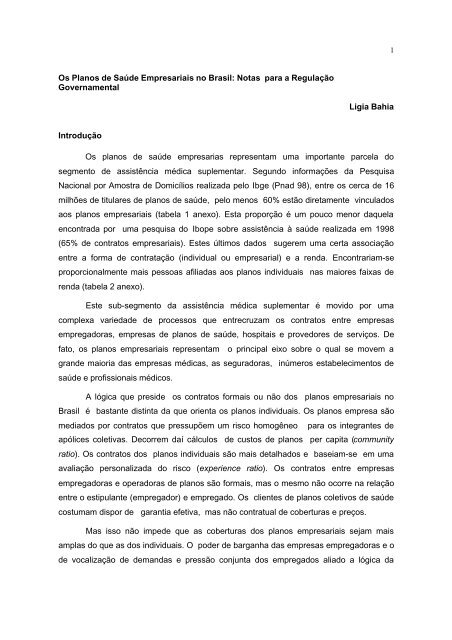 Os Planos de SaÃºde Empresariais no Brasil: Notas para a RegulaÃ§Ã£o ...