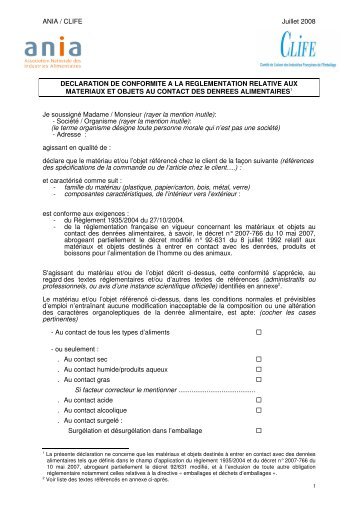 ANIA / CLIFE Juillet 2008 DECLARATION DE CONFORMITE A LA ...