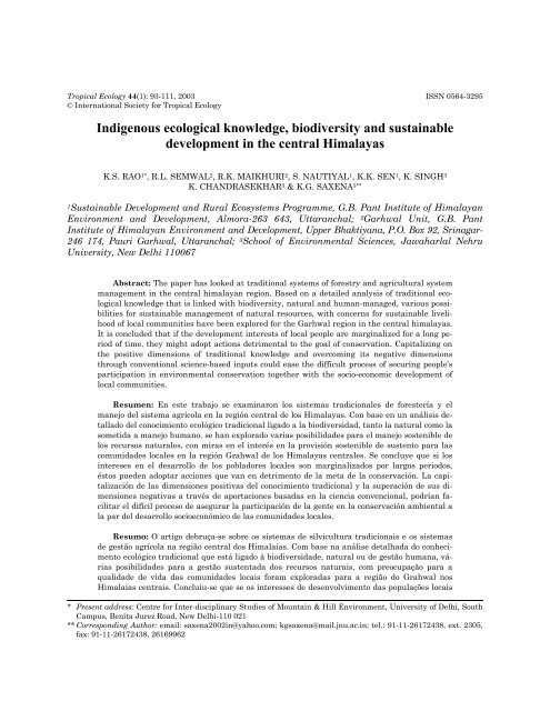 Indigenous ecological knowledge, biodiversity and sustainable ...