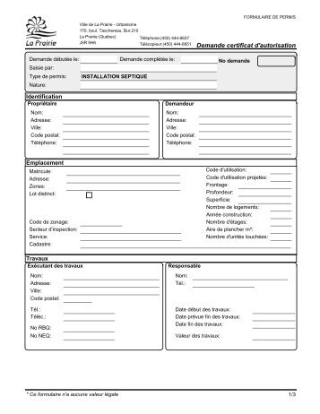 Demande certificat d'autorisation - Ville de La Prairie