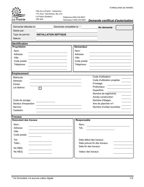 Demande certificat d'autorisation - Ville de La Prairie