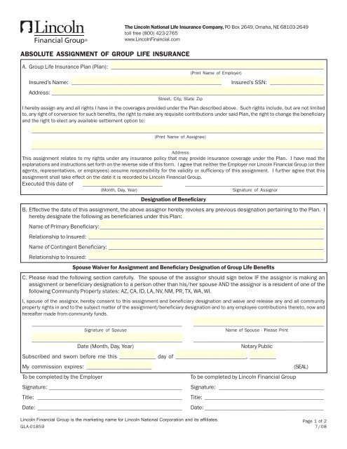 lincoln financial life insurance collateral assignment form