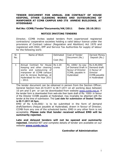 1 tender document for annual job contract of house keeping ... - CCMB